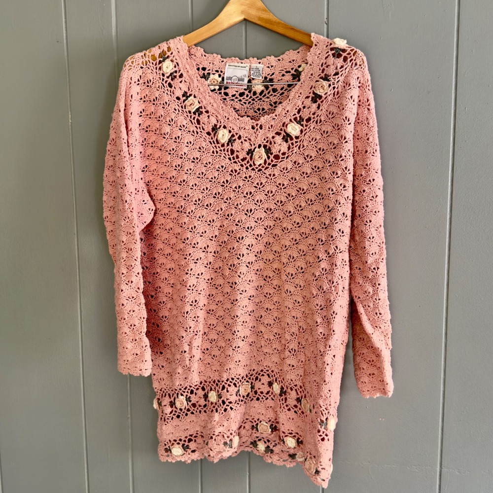 Vintage Denim Republic Pink Crochet Sweater L‎ Cottagecore Floral Lagenlook